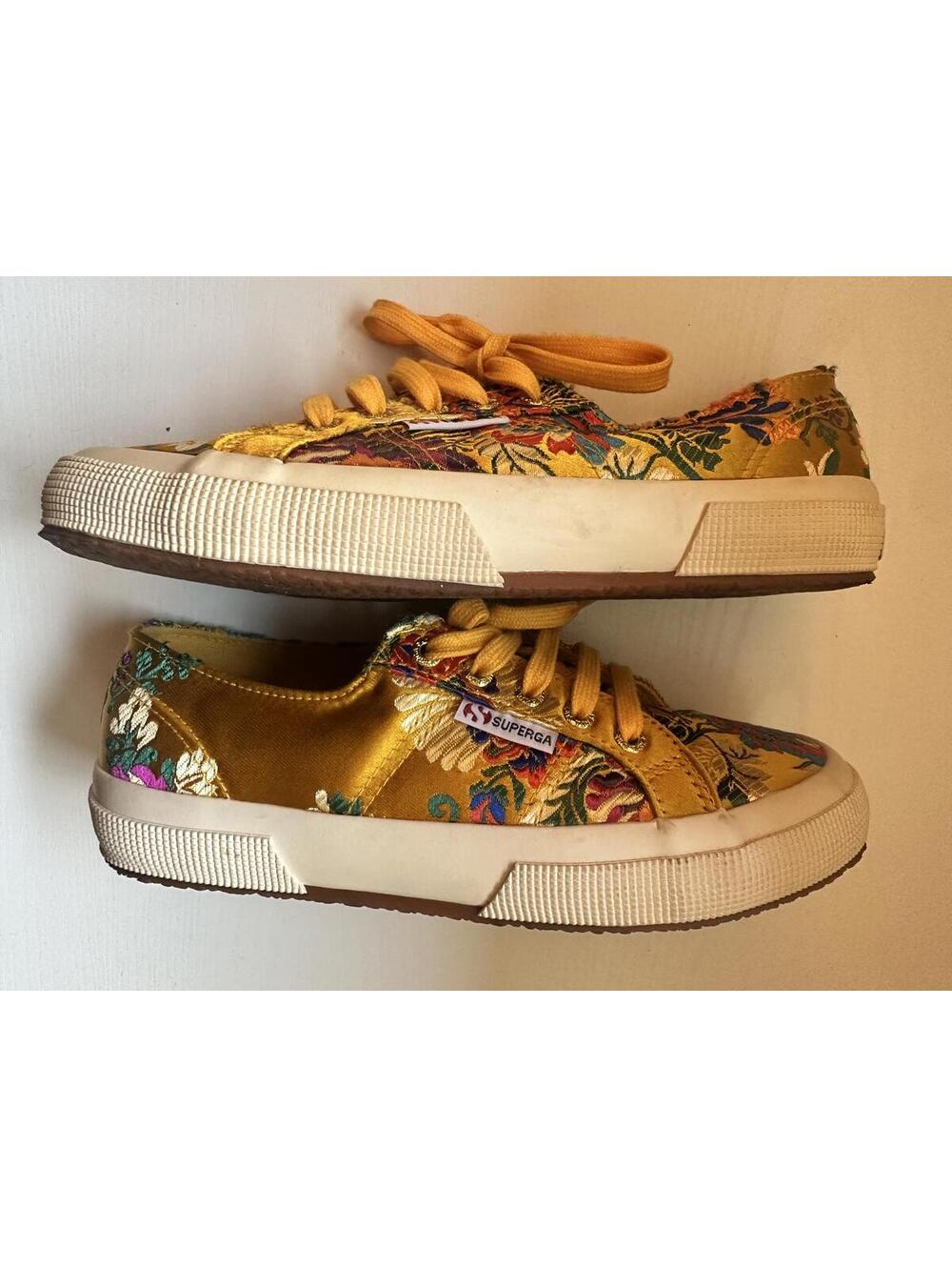 Superga Women's 2750 Korelaw sneakers gold floral embroidered satin upper Size 7 - Picture 2 of 8